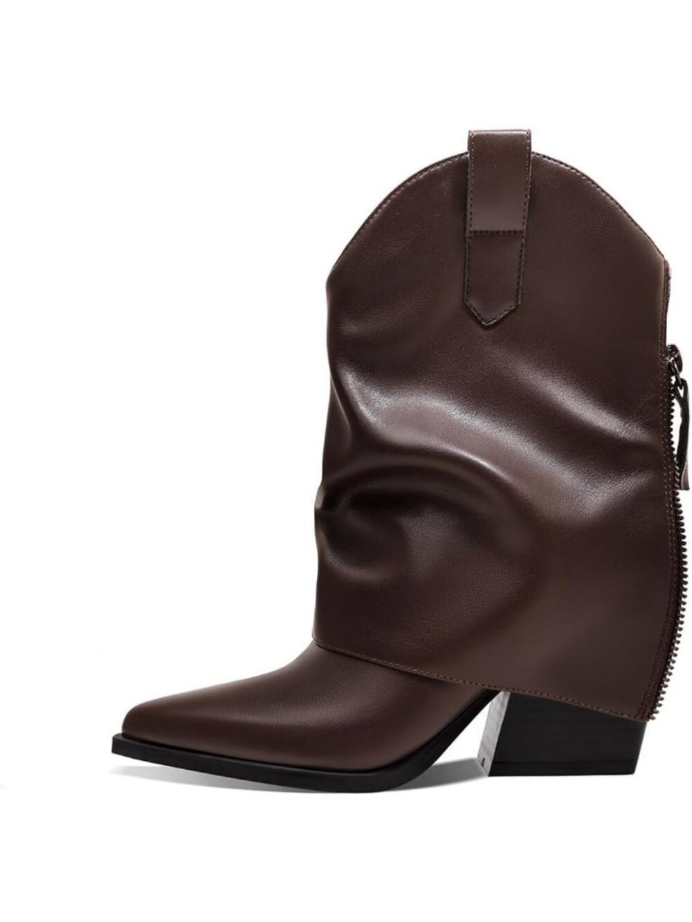 Women's Brown Faux Leather Chunky Mid Heel Retro Pointed Toe Side Zipper Boots